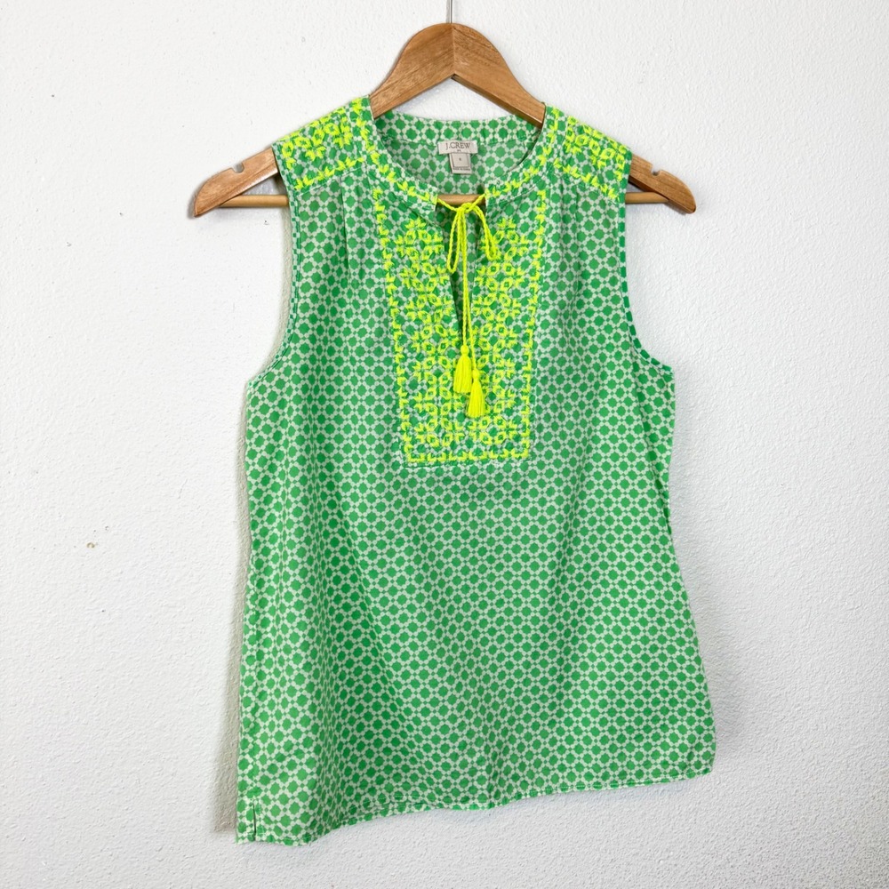 J. Crew Sleeveless Top Green White Geo Print Neon‎ Yellow Embroidery
